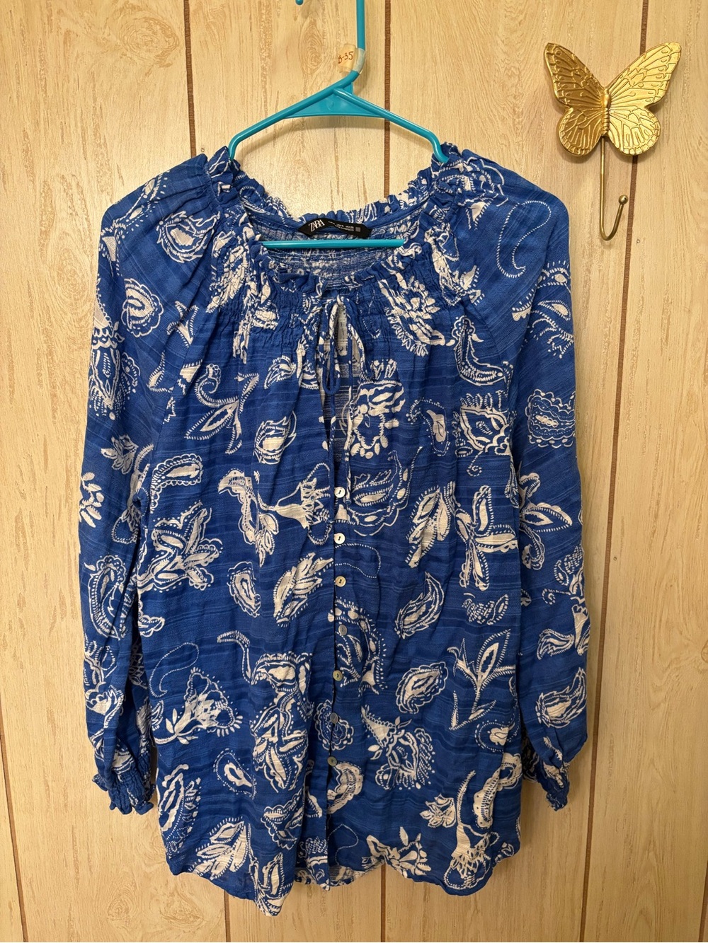 Zara Blue Paisley Button-Front Peasant Blouse
